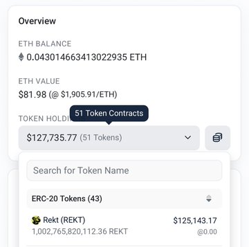 A digital wallet overview screen displaying an ETH balance of '0.043014663413022935 ETH' valued at '$1,905.91/ETH', with a token holdings section showing '$127,735.77 (51 Tokens)' and an ERC-20 token listed as 'Rekt (REKT)'.
