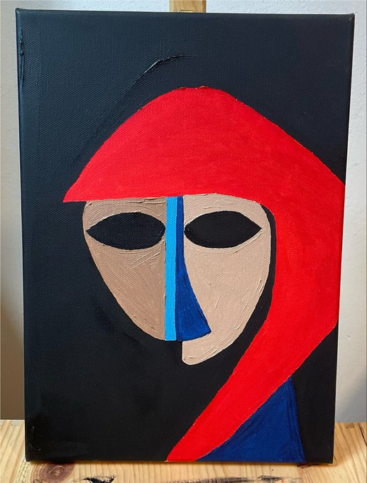 A stylized acrylic painting on canvas depicts a masked figure with flowing red hair against a black background, featuring a tan face with black oval eyes and a vertical blue stripe down the nose. The accompanying caption "0.42 ETH Dm to deal" suggests the artwork is listed for sale at 0.42 ETH, inviting direct message inquiries from potential buyers.