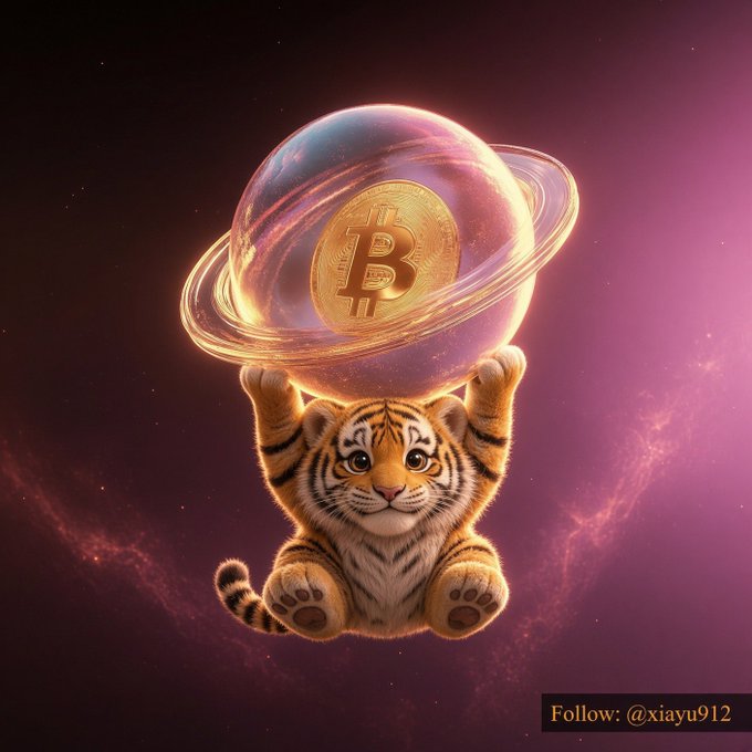 A digital artwork of a cute tiger cub holding up a glowing, translucent sphere containing a golden Bitcoin symbol, set against a purple cosmic background with 'Follow: @xiayu912' in the corner.