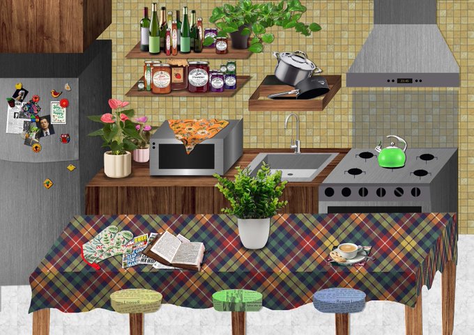 A digital illustration of a cozy, cluttered kitchen scene featuring a plaid-covered table with stools, a refrigerator covered in magnets, and various cooking items like a pizza, kettle, and potted plants.
