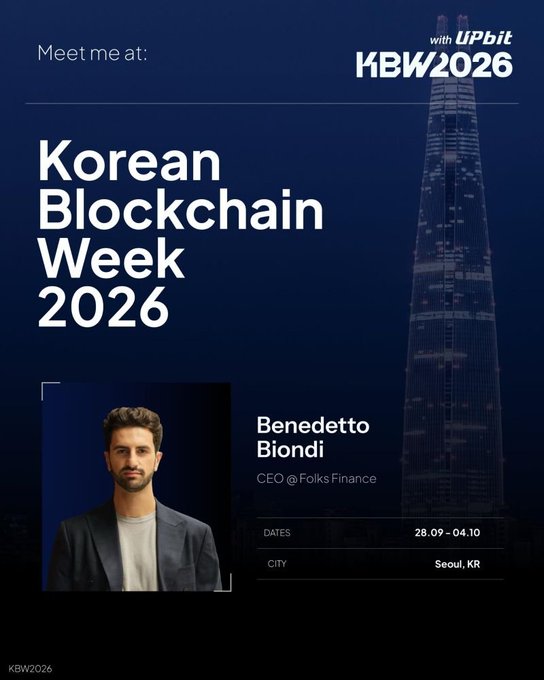 A promotional graphic for 'Korean Blockchain Week 2026' (KBW2026) with Upbit, featuring a photo of Benedetto Biondi, CEO of Folks Finance, with the event taking place on 28.09-04.10 in Seoul, KR.