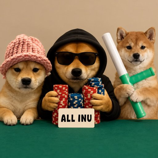 An AI-generated image of three Shiba Inu dogs styled as gamblers: one in a pink knitted hat, one wearing sunglasses and a black hoodie holding poker chips with an 'ALL INU' sign, and one holding a green and white toy sword.