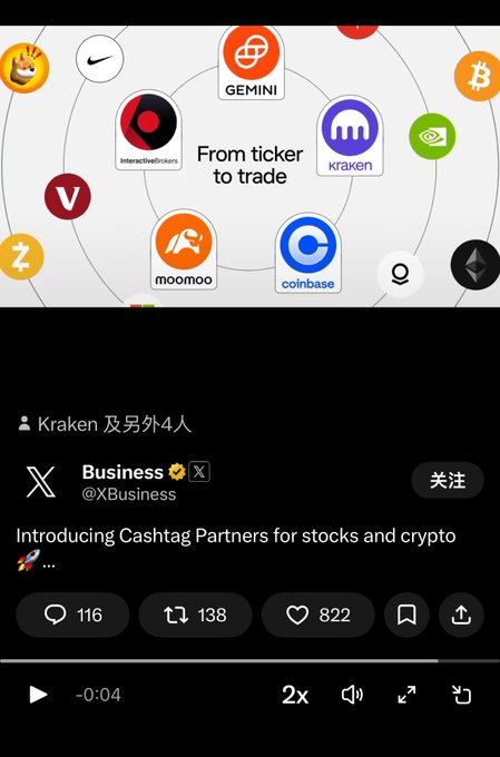 A mobile screen shows an "X Business" post about "Introducing Cashtag Partners for stocks and crypto," featuring logos for Gemini, Kraken, InteractiveBrokers, moomoo, Coinbase, and others.