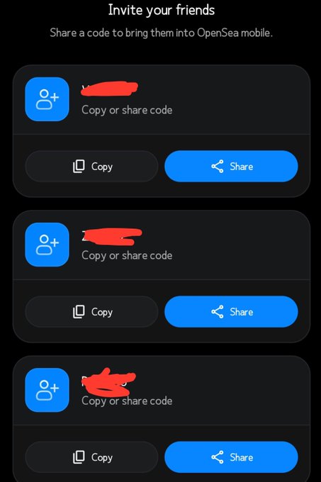 A mobile app screenshot titled "Invite your friends" with the text "Share a code to bring them into OpenSea mobile," displaying three sections with redacted codes, each with "Copy" and "Share" buttons.