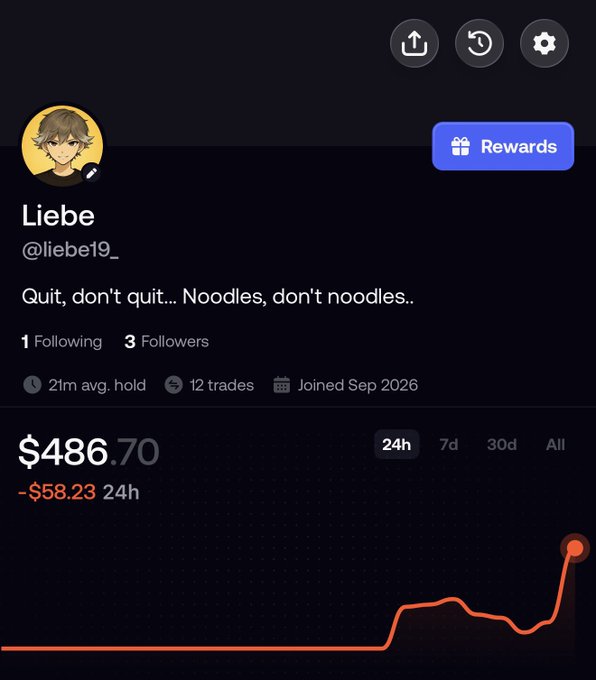 A mobile app profile screen for user 'Liebe' (@liebe19_) displays a portfolio value of $486.70 and the bio 'Quit, don't quit... Noodles, don't noodles..'