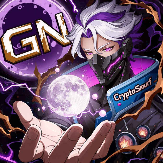 An anime-style character with white and purple hair wearing a mask, holding a glowing moon, with "GN" and "CryptoSmurf" labels visible.