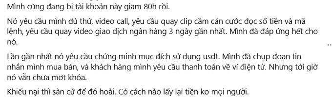 A Vietnamese-language post warning others about a scam account that has defrauded users, demanding video calls, ID verification footage, and recent bank transaction clips while withholding 80 USDT and a USDT trading order.