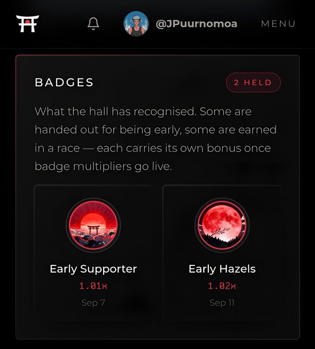 Profile page for user @JPUurnomoa showing 2 held badges — 'Early Supporter' (1.01x, Sep 7) and 'Early Hazels' (1.02x, Sep 11) with multipliers.