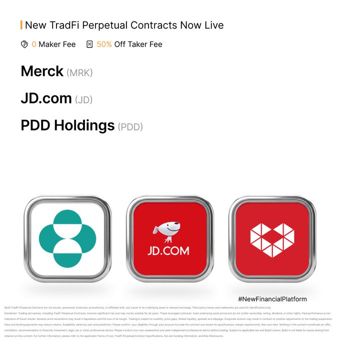An announcement for 'New TradFi Perpetual Contracts Now Live' featuring Merck (MRK), JD.com (JD), and PDD Holdings (PDD), with 0 Maker Fee and 50% Off Taker Fee, displaying the respective corporate logos.