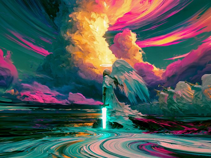 A vibrant, surreal digital painting featuring an angelic figure with white wings and a glowing halo standing in swirling waters beneath a dramatic, colorful sky of orange, pink, and teal clouds.