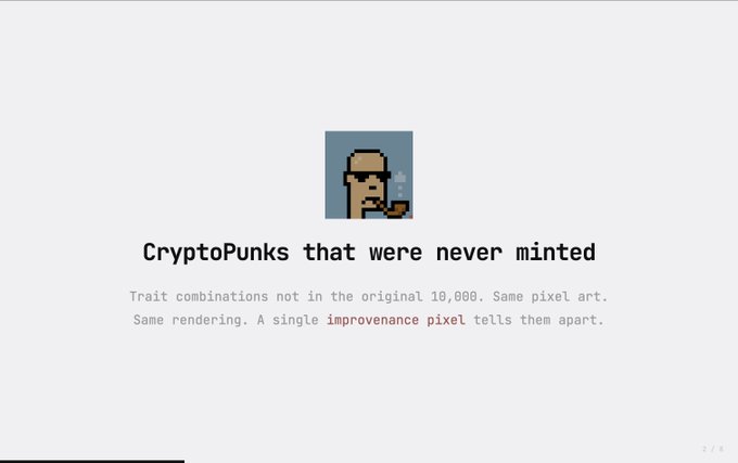 The image shows a screenshot of a website called "CryptoPunks That Were Never Minted", which appears to be a meme or joke about Bitcoin. The text on the screen reads, "CryptoPunks that were never minted. Trait combinations not in the original 10,000. Same rendering, A single rendering, A single improvement tells them apart." This message seems to be humorous and satirical, as it references Bitcoin and its history of being created by a group of punks who did not follow traditional methods for creating digital currency. The image also includes a picture of a man wearing sunglasses with the text "CryptoPunks that were never minted" written above him.
