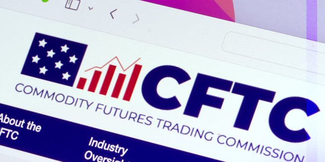 The image shows the Commodity Futures Trading Commission (CFTC) website homepage featuring its official logo with an American flag design and bar graph emblem. The visible navigation menu includes options like "About the CFTC" and "Industry Oversight," which directly relates to the accompanying post about the CFTC submitting new cryptocurrency regulatory proposals ("Regulation Crypto Asset Transactions" and "Regulation Crypto Asset Markets") for White House review.