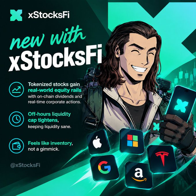 An advertisement for 'xStocksFi' with the text 'new with xStocksFi,' highlighting that 'Tokenized stocks gain real-world equity rails' and showing icons for Apple, Microsoft, Google, Amazon, and Tesla.