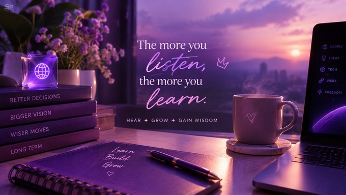 A motivational desktop scene with purple/lavender lighting showing a mug, books ('BETTER DECISIONS', 'BIGGER VISION', 'WISER MOVES', 'LONG TERM'), a notebook, and a laptop, overlaid with the quote 'The more you listen, the more you learn. HEAR ✦ GROW ✦ GAIN WISDOM'.
