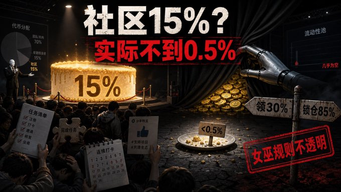The image is a Chinese-language promotional/critical graphic about the TermMax airdrop, with large text reading "社区15%?" and "实际不到0.5%" (Community 15%? Actually less than 0.5%), alongside a cake marked "15%", a plate showing "<0.5%", a robotic hand reaching for gold coins, and a stamp-style label reading "女巫规则不透明" (Witch rules not transparent), criticizing the project's promised allocation versus actual distribution while the post discusses skepticism around TermMax's airdrop despite its YziLabs graduation status.