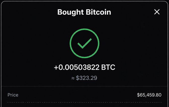 The image features a screen showing a black and white image of a cryptocurrency exchange where a user has just bought Bitcoins at an amount of $323.29. The text "Bought Bitcoin" is displayed above this image, indicating that the transaction was successful in purchasing Bitcoins.