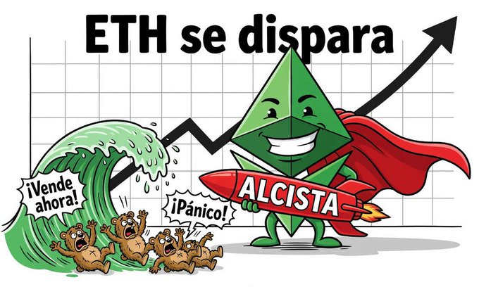 A cartoon illustration with Spanish text 'ETH se dispara' showing an Ethereum (ETH) character as a green superhero with a red cape holding a rocket labeled 'ALCISTA', while bearish bears panic in the background with '¡Vende ahora!' and '¡Pánico!' speech bubbles.