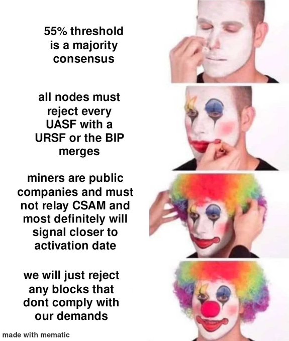 A four-panel meme using the 'clown applying makeup' template depicts progressive stages of unrealistic expectations about Bitcoin miner behavior, mentioning UASF, URSF, BIP merges, CSAM, and block rejection.
