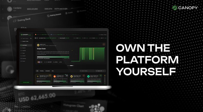 A promotional banner for Canopy platform showing a laptop displaying their crypto interface with the tagline 'OWN THE PLATFORM YOURSELF' and a price of USD 62,665.00.
