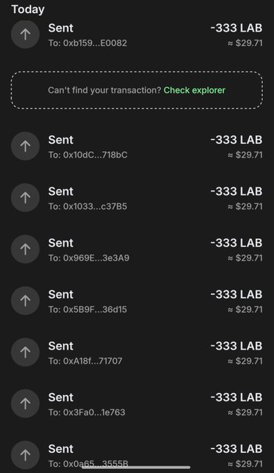 A crypto wallet transaction history shows multiple sent transactions of 333 LAB tokens (approximately $29.71 each) to various addresses today.