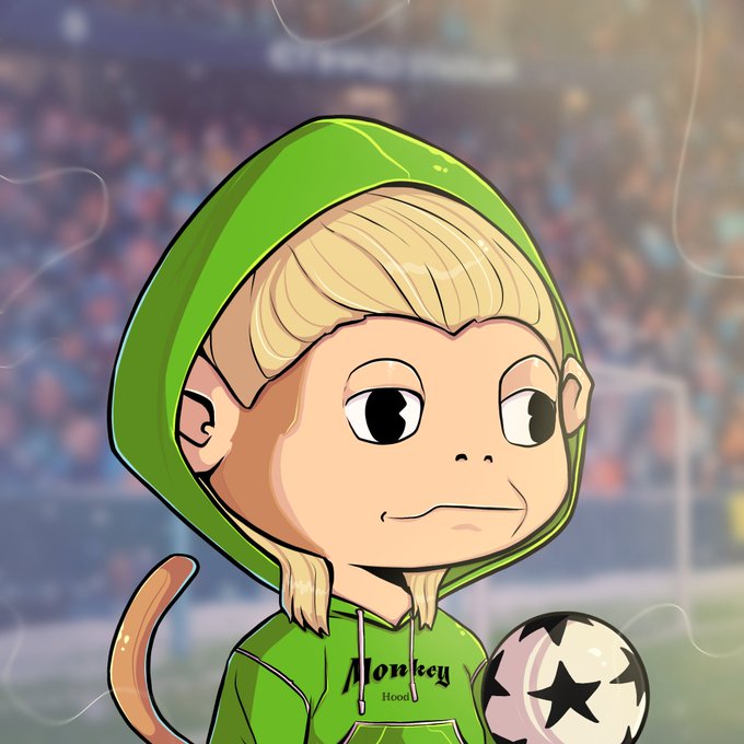 A cartoon-style character with blonde hair wearing a green hoodie that says 'Monkey Hood', holding a black and white star-patterned ball, with a tail visible, set against a blurred sports stadium background.