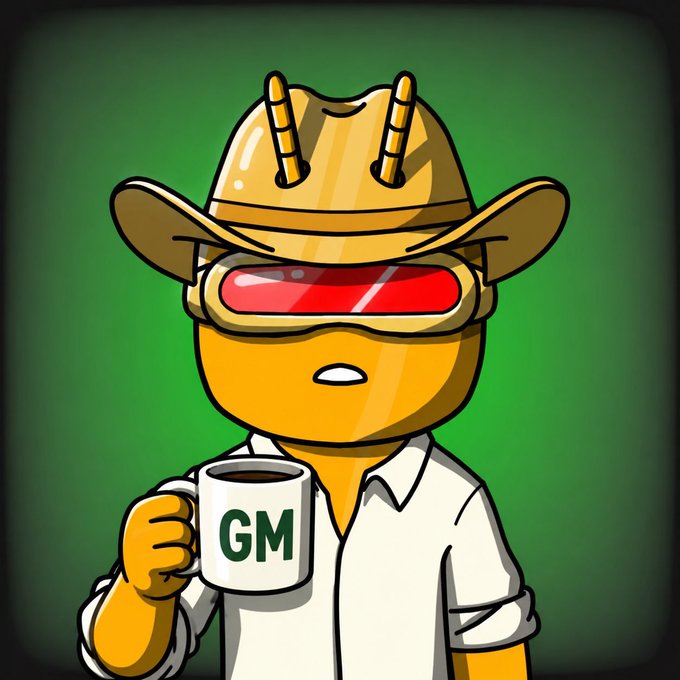 A cartoon character wearing a yellow cowboy hat and red goggles holds a mug labeled 'GM' against a green background, appearing to be a mascot.