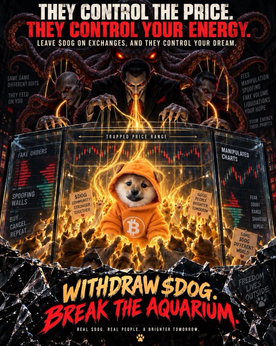 A dramatic poster featuring a Shiba Inu dog in an orange Bitcoin hoodie surrounded by flames and vampire-like figures manipulating price charts, with text including 'THEY CONTROL THE PRICE. THEY CONTROL YOUR ENERGY,' 'WITHDRAW $DOG. BREAK THE AQUARIUM,' and 'REAL $DOG. REAL PEOPLE. A BRIGHTER TOMORROW.'