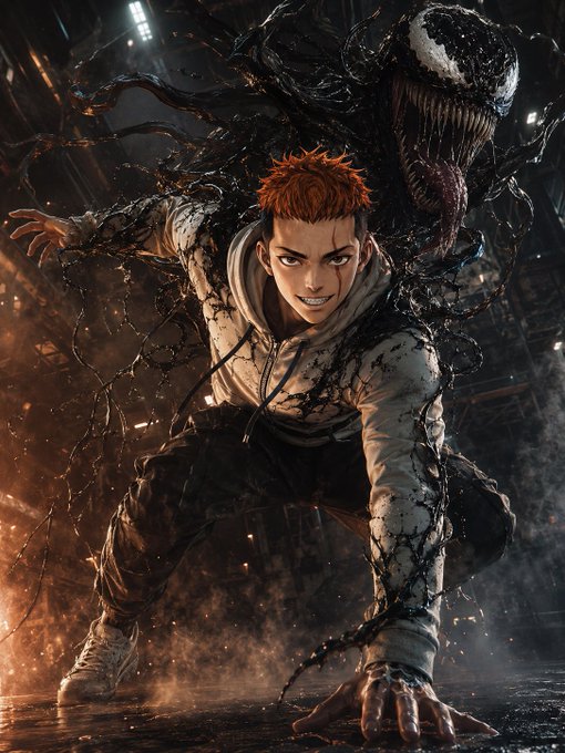 Dark anime/manga artwork of a red-haired fighter crouching in a battle stance while a large, menacing Venom-like symbiote creature looms behind him amidst sparks and debris.