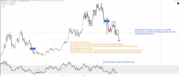 A Bitcoin/USD weekly chart (Bistamp) showing BTC's 2022 price action with technical analysis annotations, including RSI divergence notes explaining that the bearish 50-level RSI divergence between peaks was false due to price not reaching a 50-level low, while expecting a final gray box to complete before a lower low, alongside a labeled "divergence that marked the top."