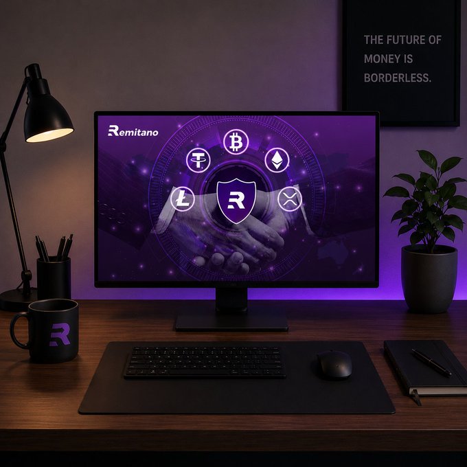The image shows a computer monitor displaying a purple background with various cryptocurrency icons such as Bitcoin and Ether. The monitor is placed on top of a wooden desk next to a black keyboard, mouse, and other office supplies like a cup and a plant. A poster can be seen in the background, possibly related to the crypto world or an event happening during Crypto Week.