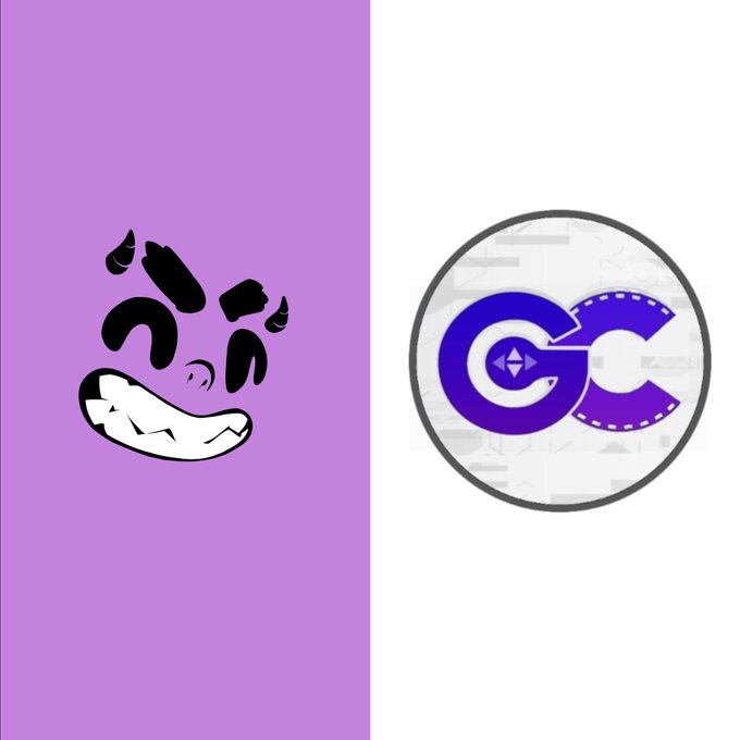 Two logos side by side on split purple and white backgrounds: a stylized black and white paw print on the left, and a purple circular logo with interlocking C shapes on the right.