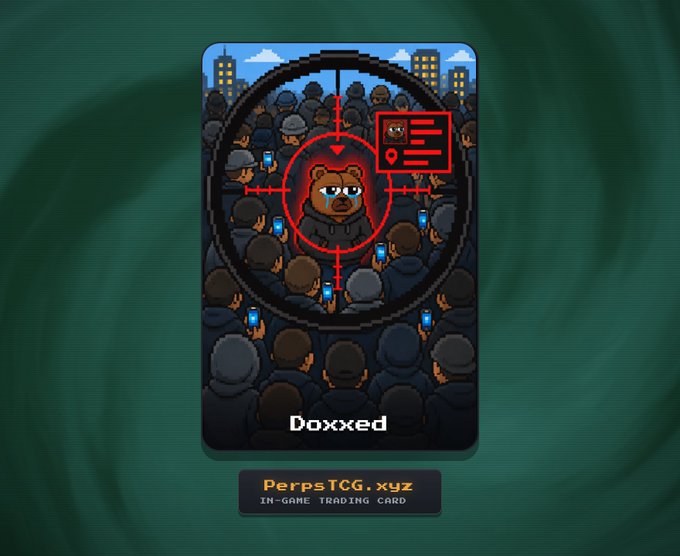 Digital trading card titled 'Doxxed' from PerpsTCG.xyz, depicting a bear wearing glasses and a hoodie targeted by a red sniper scope within a crowd of hooded figures holding phones.