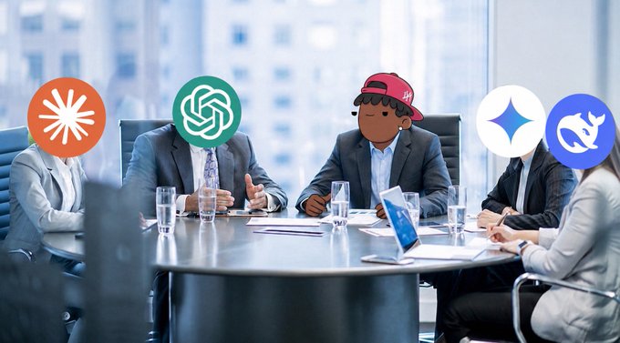 Corporate meeting scene with people in business attire around a conference table, with their faces obscured by logos including Claude (Anthropic), ChatGPT, Gemini, and a stylized mascot in a red cap.