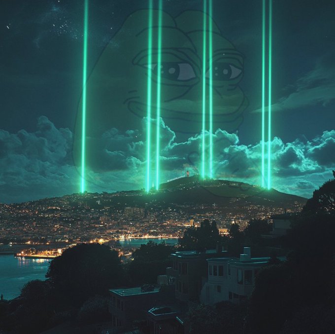 Glowing green laser beams shoot up from a city at night, with a faded Pepe the Frog meme face visible in the clouds above. The image ties to "LETS GO" as a celebratory, hyped-up meme moment with Pepe watching over the triumphant beams.