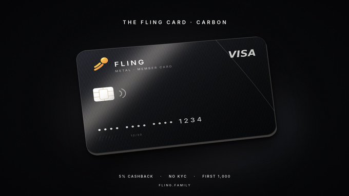A sleek black metal Visa credit card branded "FLING" is displayed against a dark background, featuring "THE FLING CARD · CARBON" header and key features "5% CASHBACK · NO KYC · FIRST 1,000" at the bottom, promoting the waitlist for the card that offers 5% cashback on $MON, $AUSD, and $FLING spending with no KYC required.