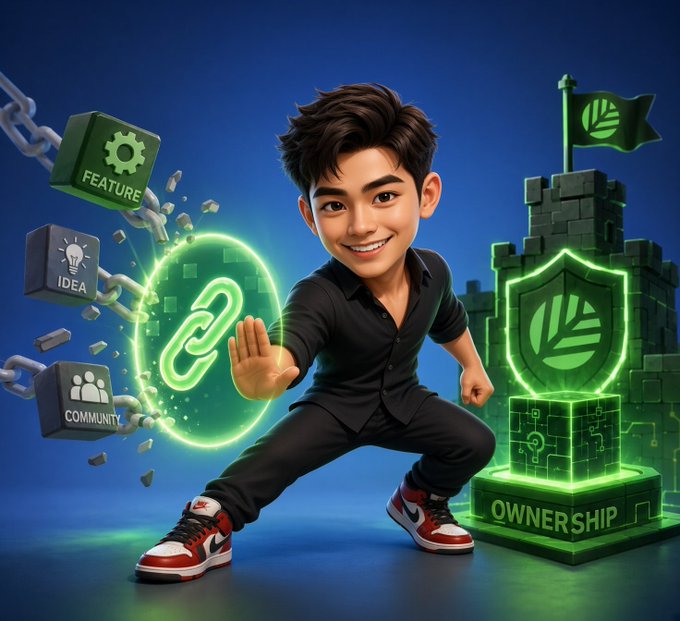 A 3D cartoon boy in a black outfit performs a martial arts pose, casting a glowing green link/chain symbol from his hand. Cubes labeled 'FEATURE', 'IDEA', and 'COMMUNITY' float to his left, while a glowing green 'OWNERSHIP' pedestal with a shield icon stands to his right.