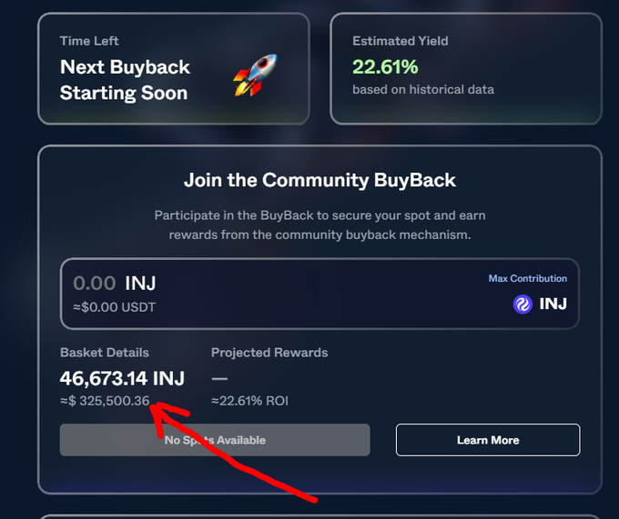 The image displays a screenshot from a website promoting a buyback. The main focus of the screenshot is a "Time Left" section, which is colored red indicating that there are still some time left for participation in this buyback event. There are also details on a "Basket Details" screen, which lists the estimated total value of the basket (€36,731.34 INJ), the expected maximum contribution (€26,664), and how many shares available for purchase. The screenshot includes a red highlighting arrow pointing to the "No Sharing Available" section, suggesting that this buyback is not yet fully available for participation.