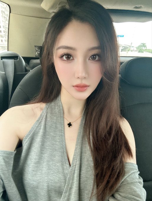 A selfie of a young woman with long dark hair and light makeup, wearing a gray off-shoulder top and a small clover pendant necklace, sitting inside a car.