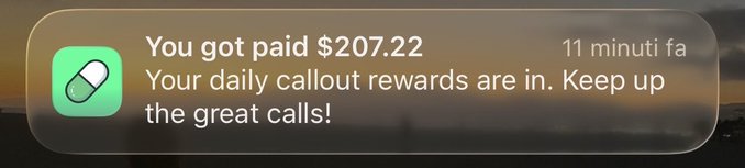 A smartphone notification from the Pumpfun app displays "You got paid $207.22" with the message "Your daily callout rewards are in. Keep up the great calls!" sent 11 minutes ago, supporting the post's claim about earning money from calling out good coins on the platform.
