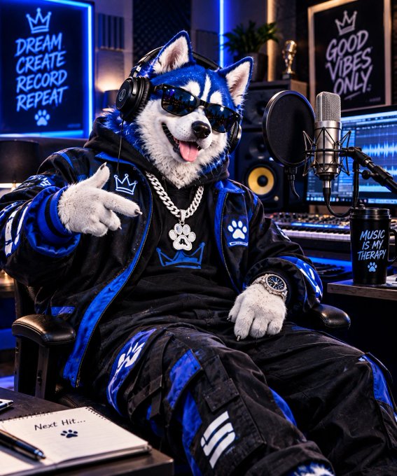 An AI-generated image of an anthropomorphic husky wearing sunglasses, a black tracksuit, headphones, and a chain, sitting in a music studio setting. Signs read "DREAM CREATE RECORD REPEAT" and "GOOD VIBES ONLY," and a tumbler reads "MUSIC IS MY THERAPY."