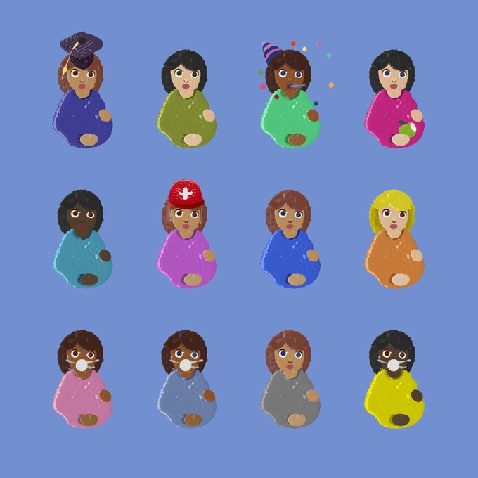 Twelve colorful, cartoon-style clay figures are arranged in a 3x4 grid on a blue background, depicting people with various hairstyles, hats, and skin tones in brightly colored outfits.