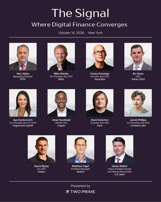 The image displays a lineup of speakers and their affiliations for "The Signal: Where Digital Finance Converges," an event on October 14, 2026, in New York, presented by Two Prime. This aligns with the post announcing BitGo CEO Mike Belshe's speaking engagement at the event.