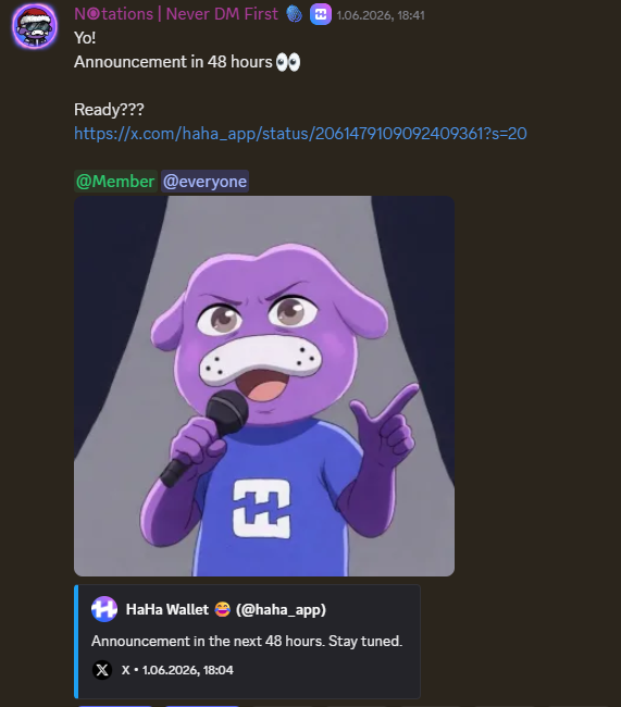 A Discord announcement from 'N●tations | Never DM First' with a purple mascot character and HaHa Wallet (@haha_app) tweet about an announcement in the next 48 hours.