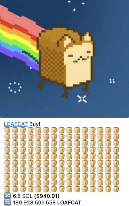 A pixel art 'LOAFCAT' meme featuring a loaf-shaped cat flying with a rainbow trail, displayed on what appears to be a Solana token buy page showing 6.6 SOL ($940.91) and 189,928,595,558 LOAFCAT.