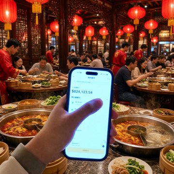 A first-person view of a hand holding a smartphone displaying a payment amount of '$826,123.54' in a bustling hot pot restaurant decorated with red lanterns.