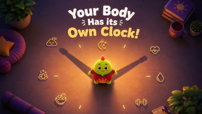 A stylized 3D graphic with the text 'Your Body Has its Own Clock!' featuring a small green cartoon character in the center, surrounded by glowing icons representing sleep, nutrition, and exercise.