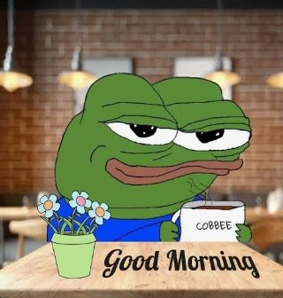 A "Good Morning" meme featuring the Pepe the Frog character holding a coffee mug labeled "COBBEE" in a cafe setting, with a small potted daisy plant beside him.