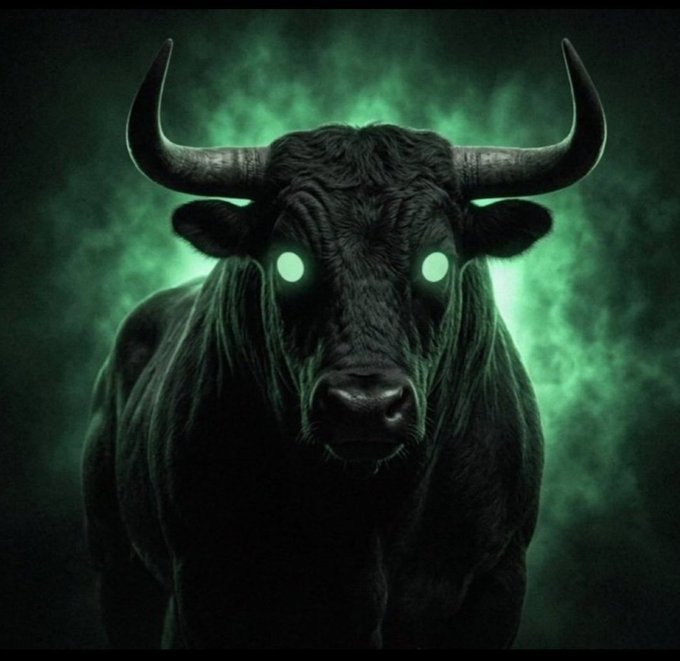 A dark, menacing illustration depicts a large black bull with glowing green eyes emerging from green smoke against a black background.