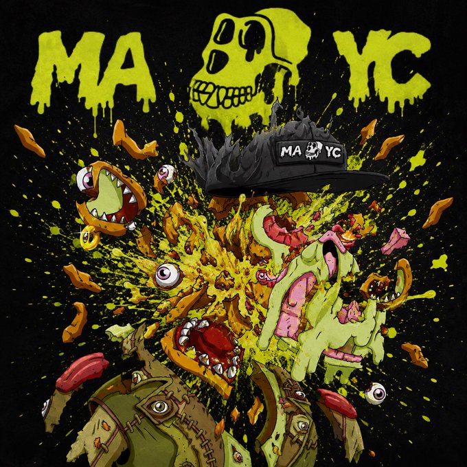 Graffiti-style artwork featuring the text 'MA YC' with a melting yellow skull and chaotic green splatters over a figure wearing a 'MA YC' cap.