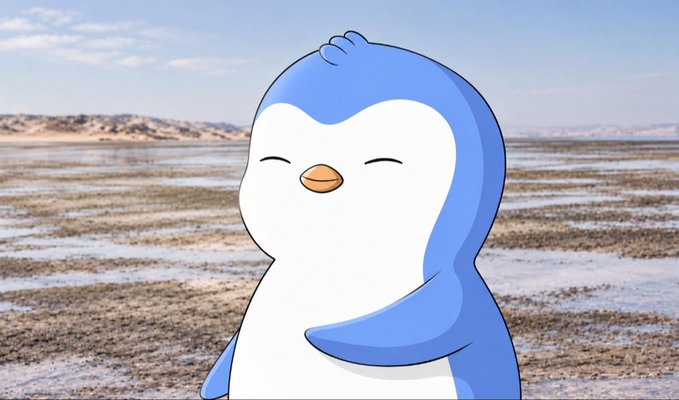 A cartoon penguin character with closed eyes and an orange beak stands in a barren landscape with a lake and mountains in the background.
